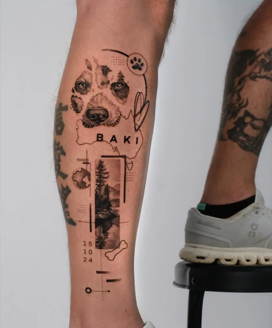 Big Blackwork Dog Landscape Tattoo on Men Leg by @tinascka.tt