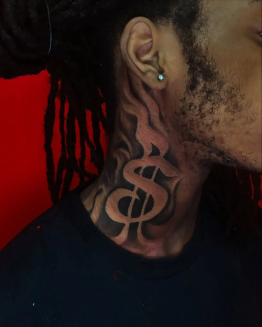 Big Blackwork Dollar Symbol on Men Neck Tattoo by @tattoopriest