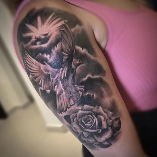 Big Blackwork Dove Rose Clouds on Women Arm Religious Tattoo by @southinkcustomtattoo