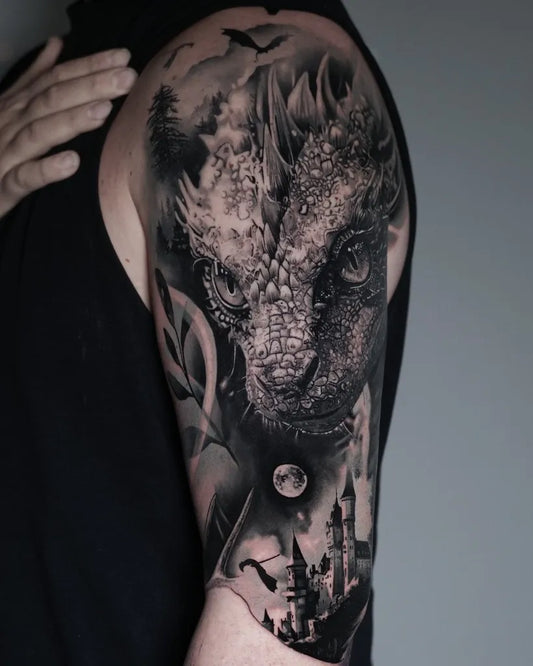 Big Blackwork Dragon Castle Forest on Men Arm Tattoo by @jodieglovertattoos