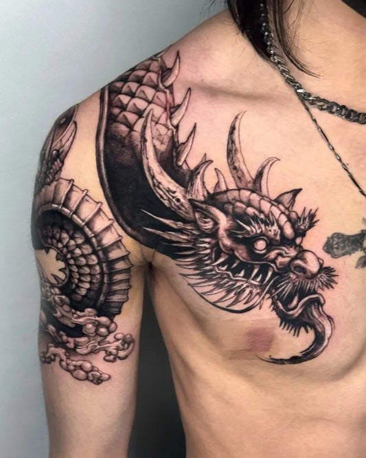 Big Blackwork Dragon Cloud Tattoo on Men Shoulder by @hodu_tattooer