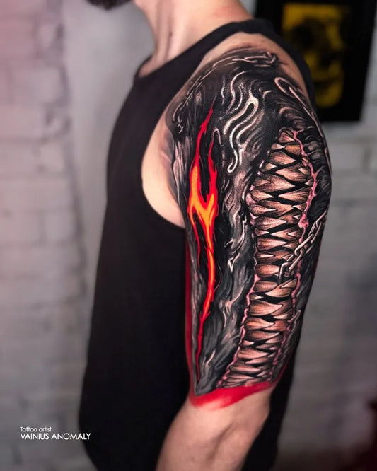 Big Blackwork Dragon Flames Chain on Men Arm Tattoo by @tattoosfolder