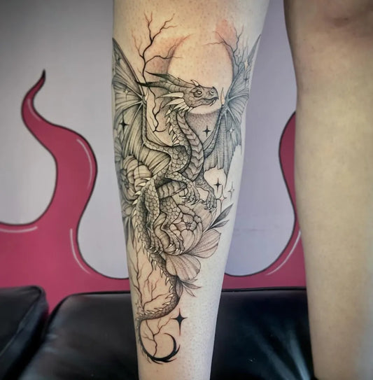 Big Blackwork Dragon Moon Flowers on Women Thigh Tattoo by @zoelorrainetattoos