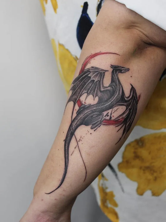 Big Blackwork Dragon Red Moon on Women Arm Tattoo by @slay_tattoosco