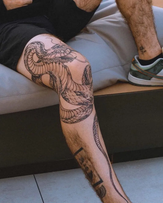 Big Blackwork Dragon Snake on Men Thigh Tattoo by @inklarity_official