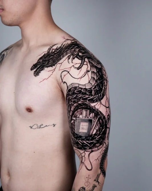 Big Blackwork Dragon and Chip on Men Arm Tattoo by @tattoosfolder