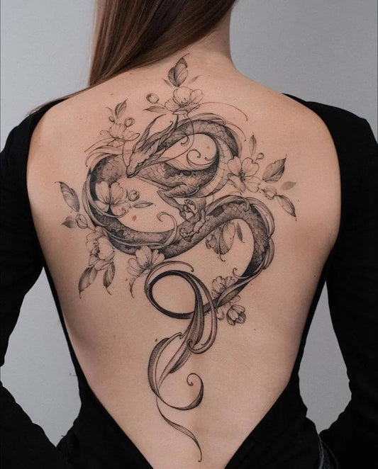Big Blackwork Dragon and Flowers on Women Back Tattoo by @ebbythorne