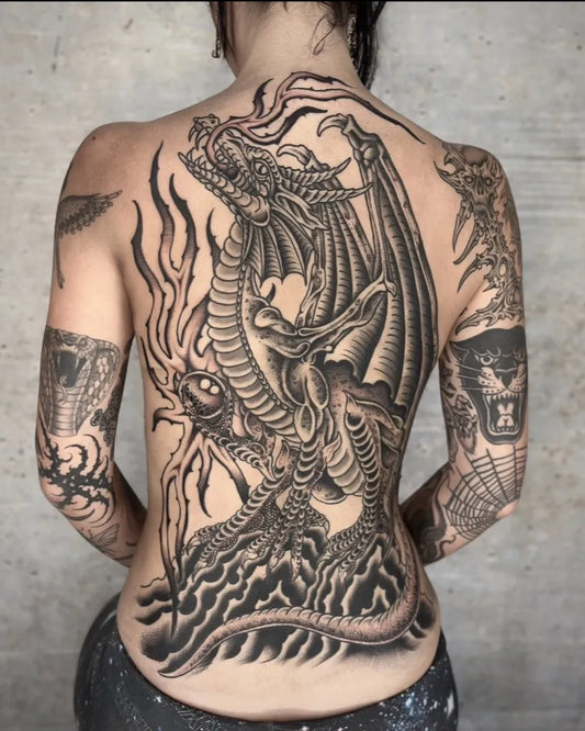 Big Blackwork Dragon and Panther on Women Back Tattoo by @snacklord3000