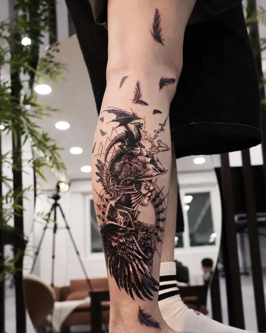 Big Blackwork Dragon and Raven on Men Leg Tattoo by @tattooist_jooin