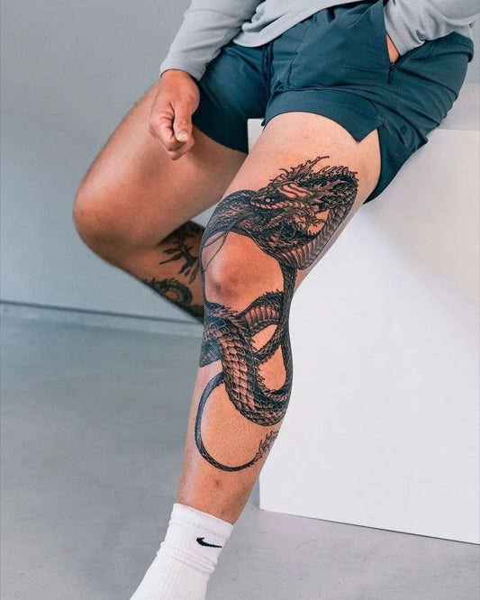 Big Blackwork Dragon and Snake on Men Thigh Tattoo by @txttooing