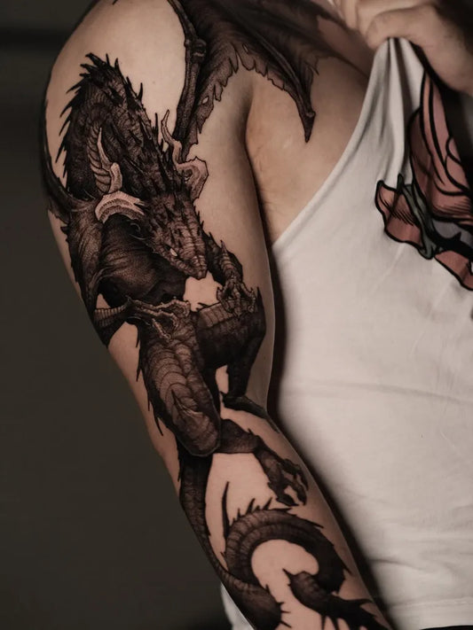 Big Blackwork Dragon on Men Arm Tattoo by @eleven.rb