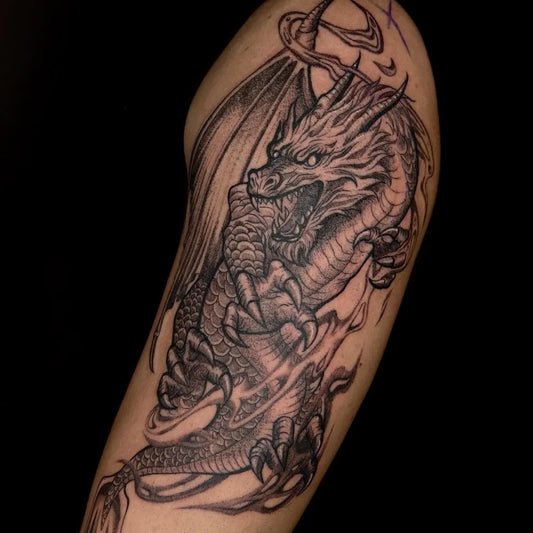 Big Blackwork Dragon on Men Arm Tattoo by @merix.officials