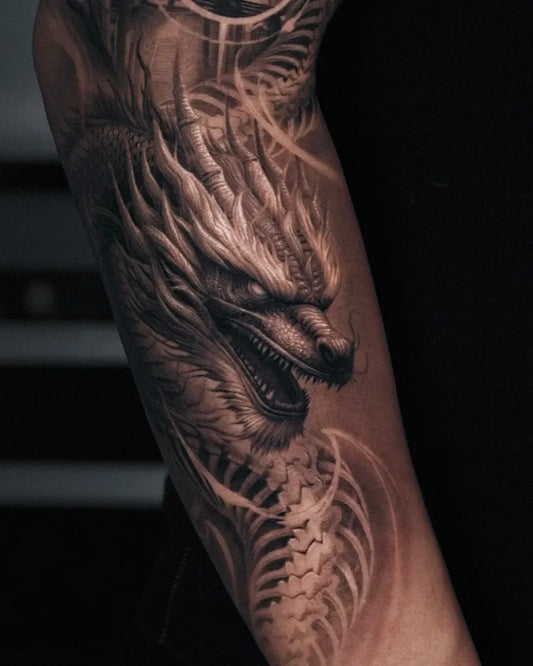 Big Blackwork Dragon on Men Arm Tattoo by @sumok_tattoo