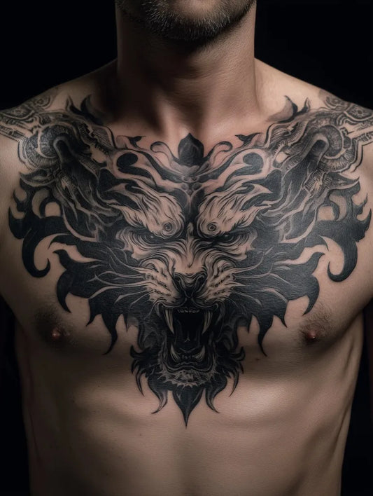 Big Blackwork Dragon on Men Chest Tattoo by @tattooaiapp