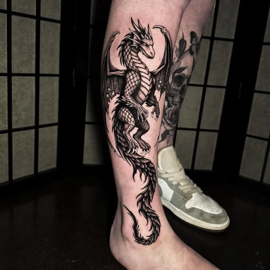 Big Blackwork Dragon on Men Leg Tattoo by @zebra_ink_