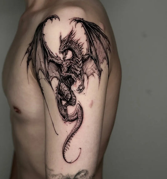 Big Blackwork Dragon on Men Shoulder Tattoo by @bk_tattooer