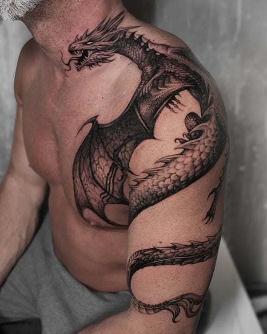 Big Blackwork Dragon on Men Shoulder Tattoo by @inked.world_