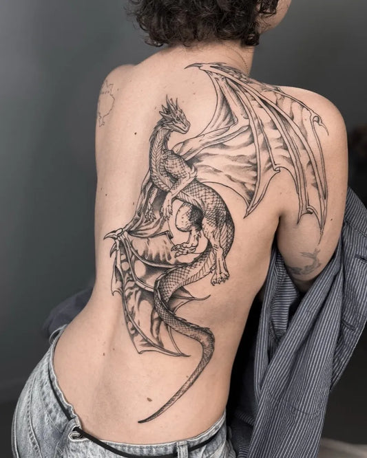 Big Blackwork Dragon on Women Back Tattoo by @bonddear