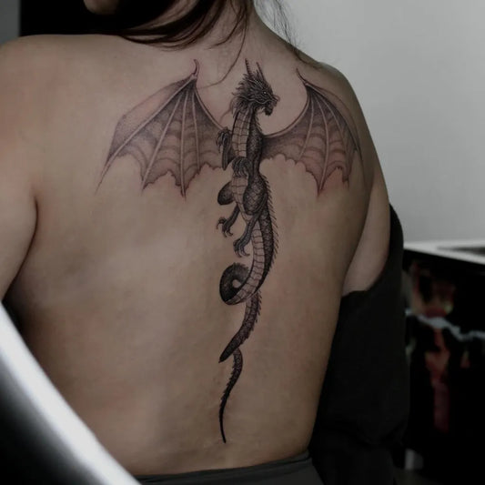 Big Blackwork Dragon on Women Back Tattoo by @inkbymila