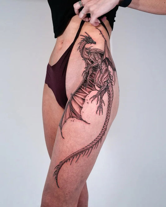 Big Blackwork Dragon on Women Thigh Tattoo by @txttoo