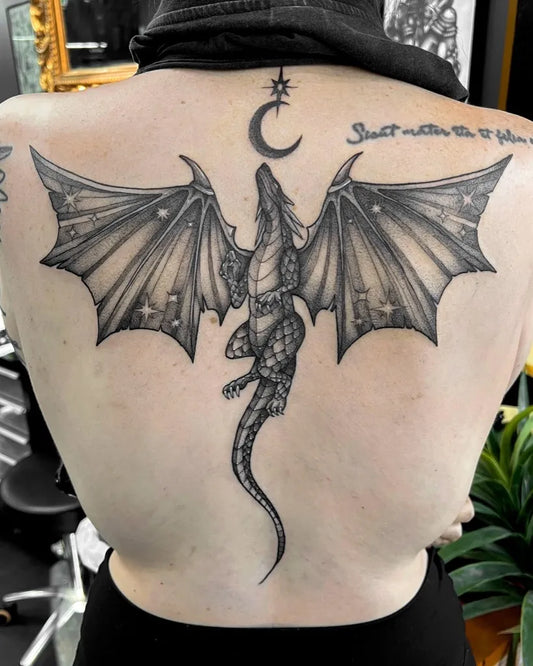 Big Blackwork Dragon with Moon on Women Back Tattoo by @loopzieloo