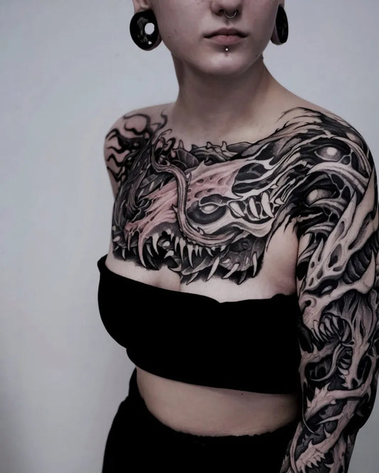 Big Blackwork DragonSkeleton on Women Shoulder Tattoo by @sektantattoo