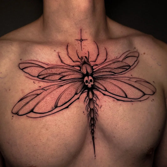 Big Blackwork Dragonfly Skull Cross on Men Chest Tattoo by @rov_ink