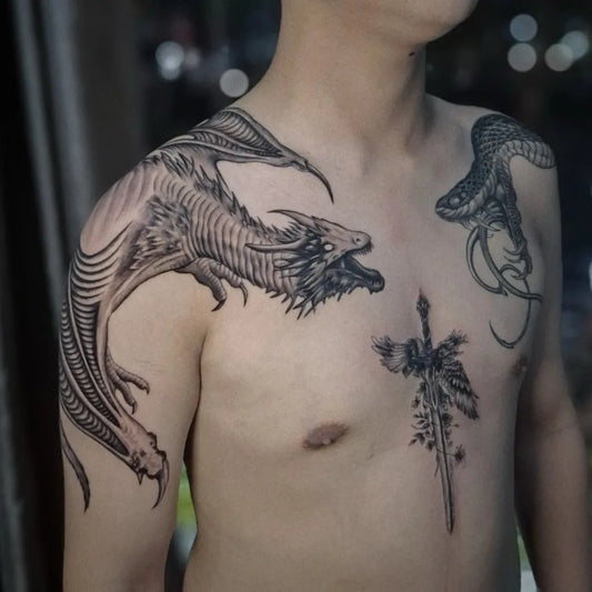 Big Blackwork Dragons and Dagger on Men Shoulder and Chest Tattoo by @qinotats1