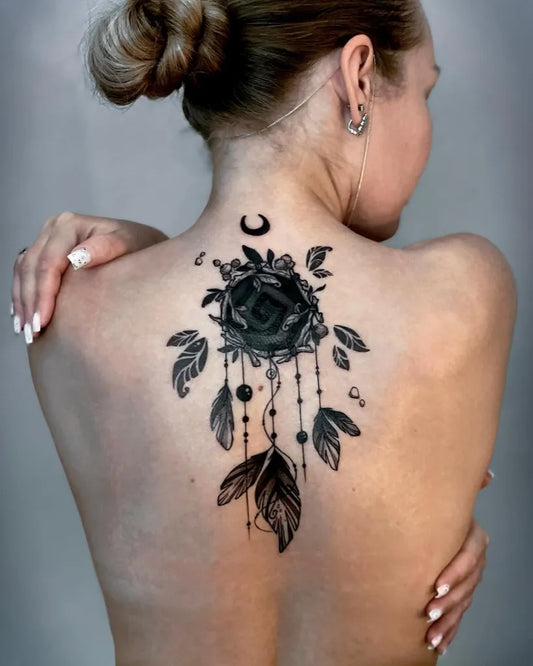 Big Blackwork Dream Catcher Rose Tattoo on Women Back by @lozhka.art