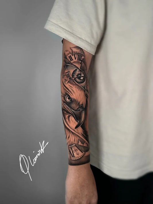 Big Blackwork Eagle Clock Tattoo on Men Arm by @dleonink