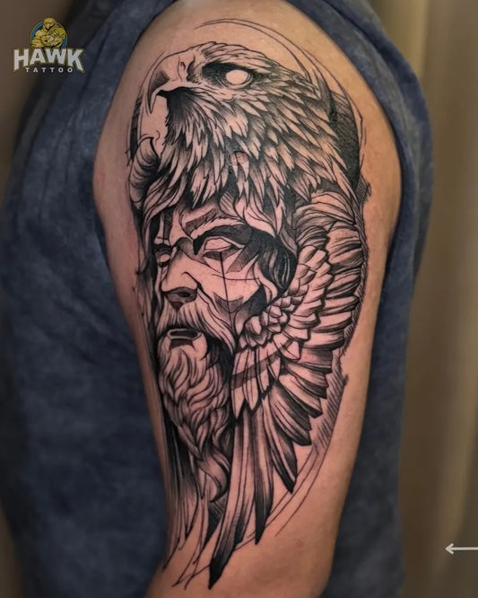 Big Blackwork Eagle Warrior Tattoo on Men Shoulder by @hawktattooofficial