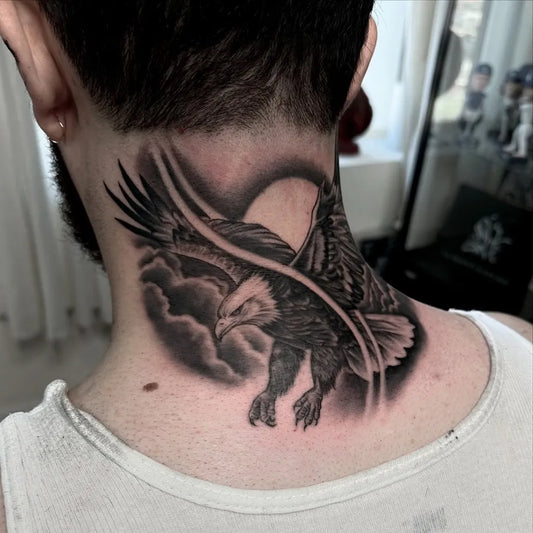 Big Blackwork Eagle with Moon on Men Neck Tattoo by @dame.arte