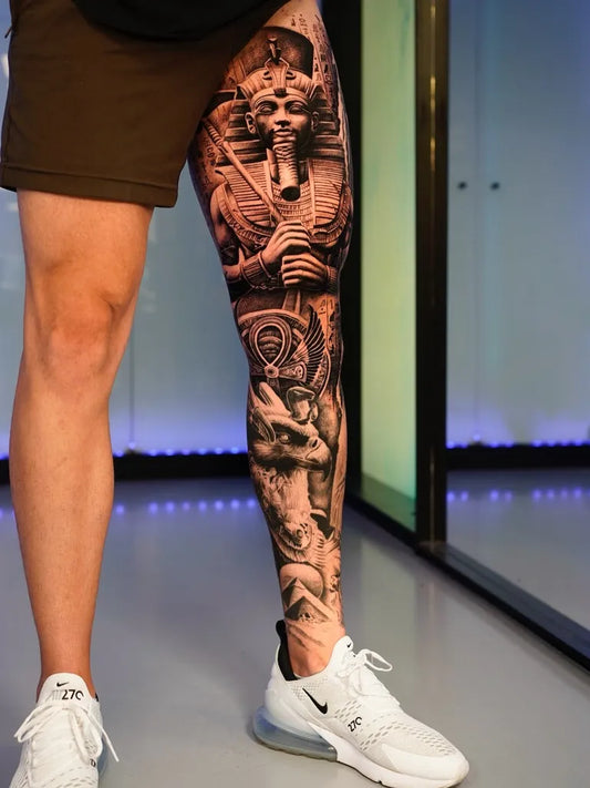 Big Blackwork EgyptianPharaohAngels on Men Leg Tattoo by @pascalavendano