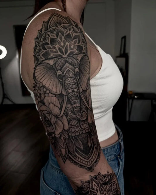 Big Blackwork Elephant Mandala Roses Tattoo on Women Arm by @wellertattoos