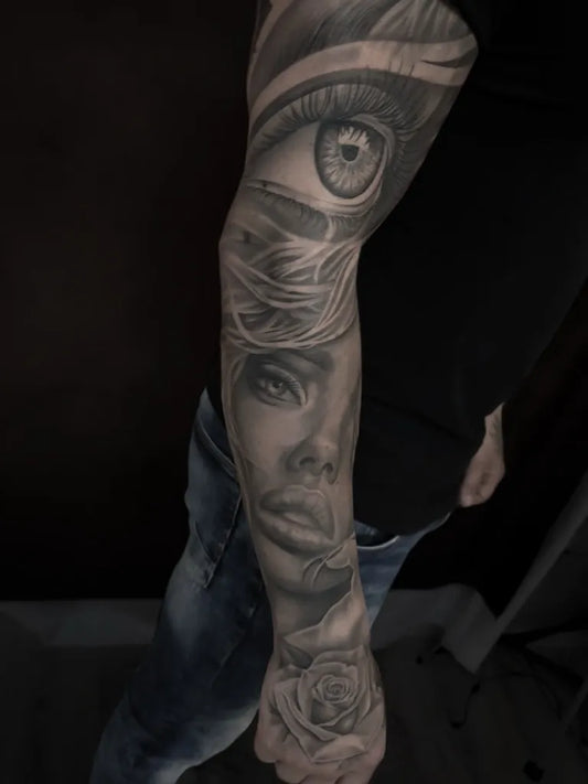 Big Blackwork Eye Face Rose on Men Arm Sleeve Tattoo by @davidbreukerstattoo