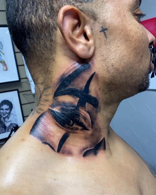Big Blackwork Eye and Cross on Men Neck Tattoo by @inkedbychace