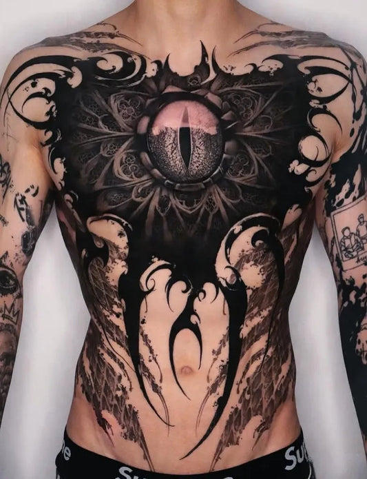 Big Blackwork Eye and Tentacles on Men Chest Tattoo by @tattoo_collective_