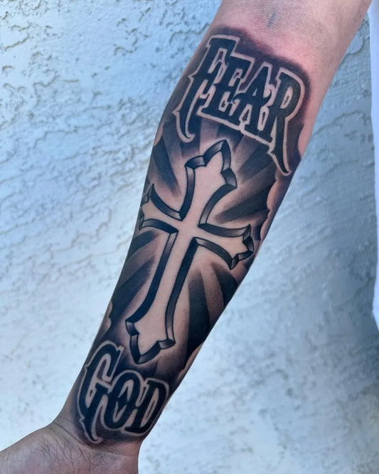 Big Blackwork Fear God Cross on Men Arm Tattoo by @freshink_tat2
