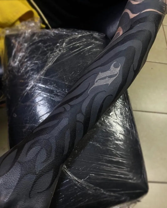 Big Blackwork Flame Tattoo on Men Arm by @whiteonblacktattoo