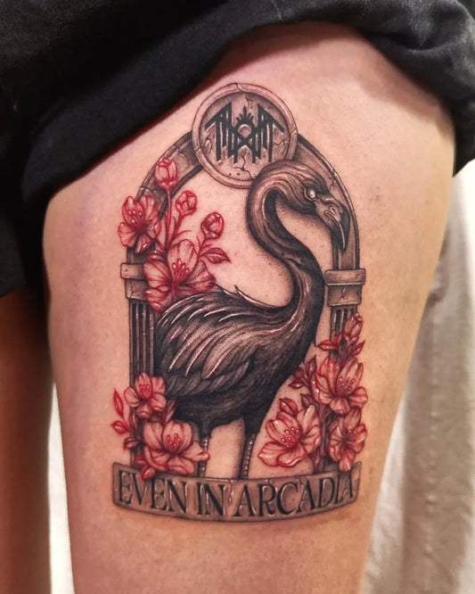 Big Blackwork Flamingo Arcade Tattoo on Women Thigh by @just_yeeling