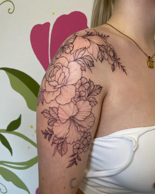 Big Blackwork Floral Bouquet Tattoo on Women Shoulder by @amberloutattoo