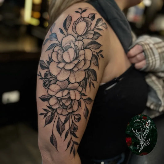 Big Blackwork Floral Bouquet on Women Arm Tattoo by @miss_shiv_tattoo