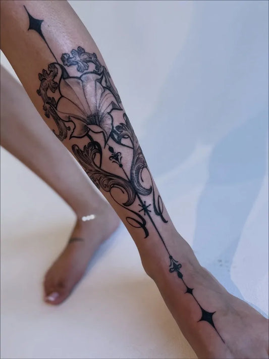 Big Blackwork Floral Mandala Tattoo on Women Foot by @artist.aimee.tattoos