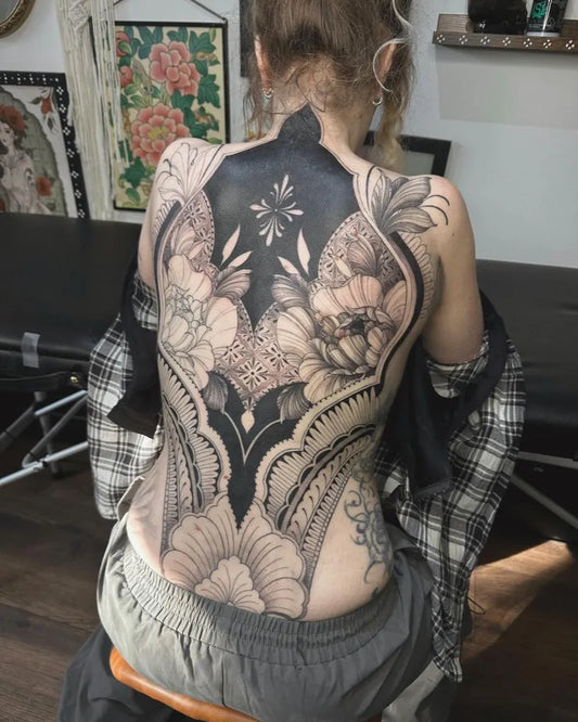 Big Blackwork Floral Mandala on Women Back Tattoo by @emi1yelizabeth