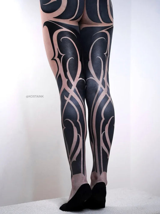 Big Blackwork Floral Patterns on Women Leg Tattoo by @kostaink