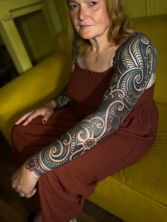 Big Blackwork Floral Sleeve on Women Arm Tattoo by @sashaanna