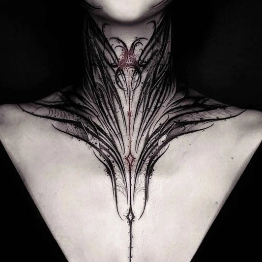 Big Blackwork Floral Wings on Women Neck Tattoo by @garbagequeen101