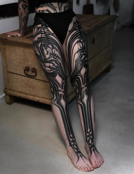 Big Blackwork Floral on Women Leg Tattoo by @killerinktattoo