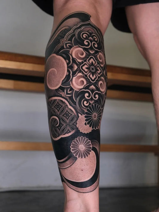 Big Blackwork FloralClouds Tattoo on Women Calf by @blk_chung