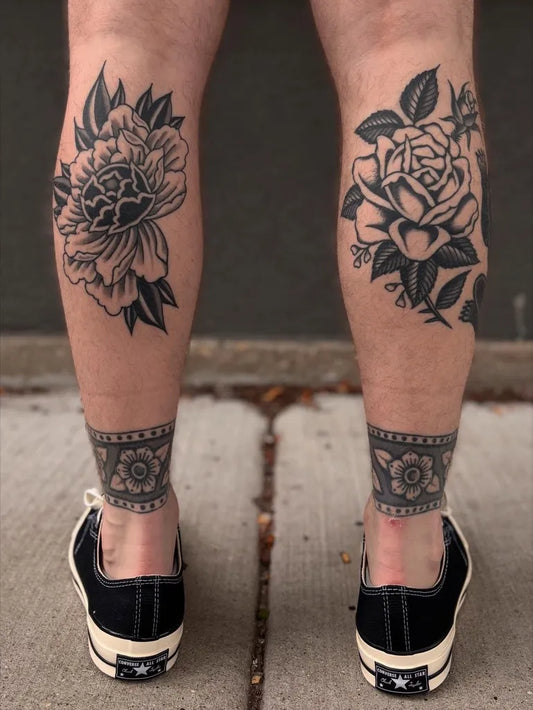 Big Blackwork Flower Anklets on Men Legs Tattoo by @j.r.smith____